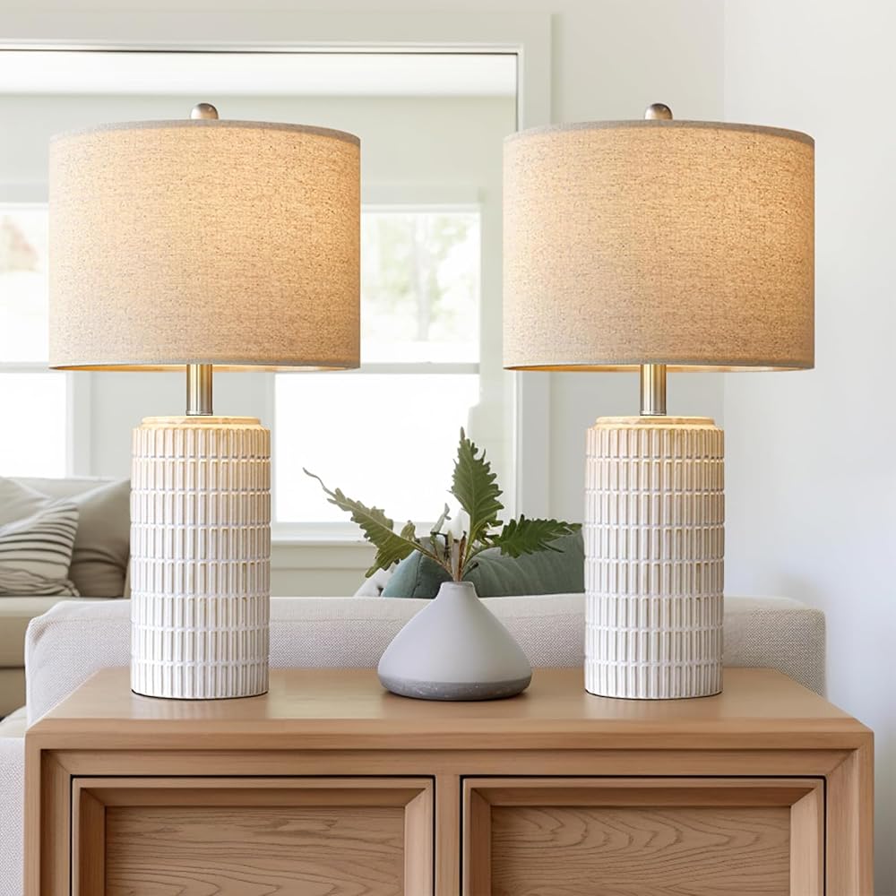 White fluted ceramic lamps, set of 2