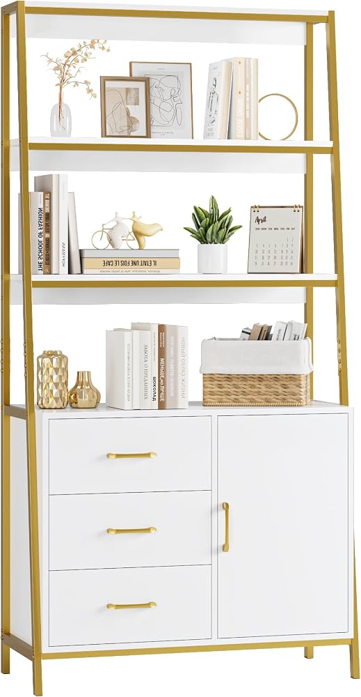 White and gold ladder bookshelf