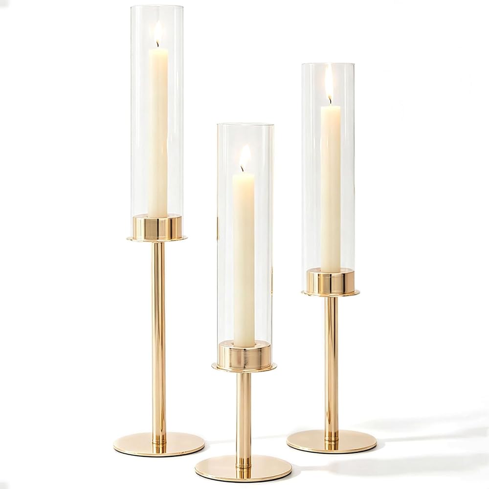 Gold taper candle holders, set of 3