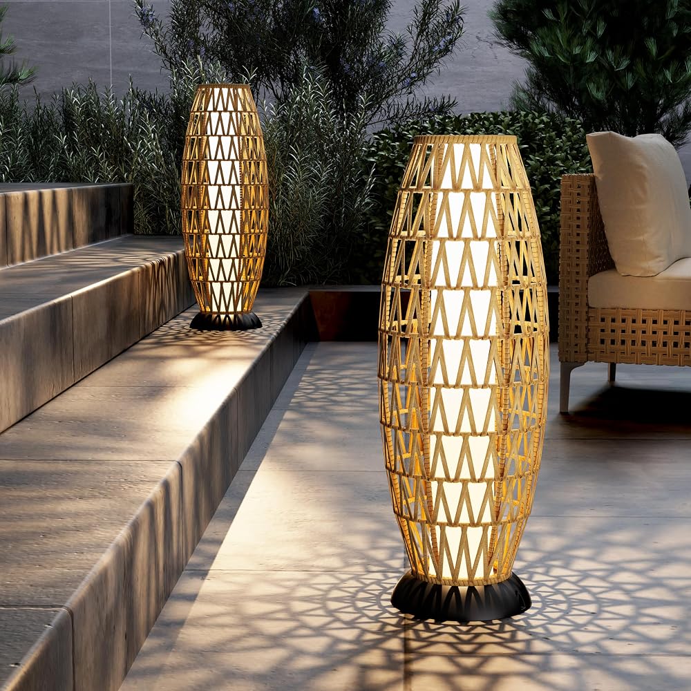 Solar woven wicker lantern floor lamps, 2-pack