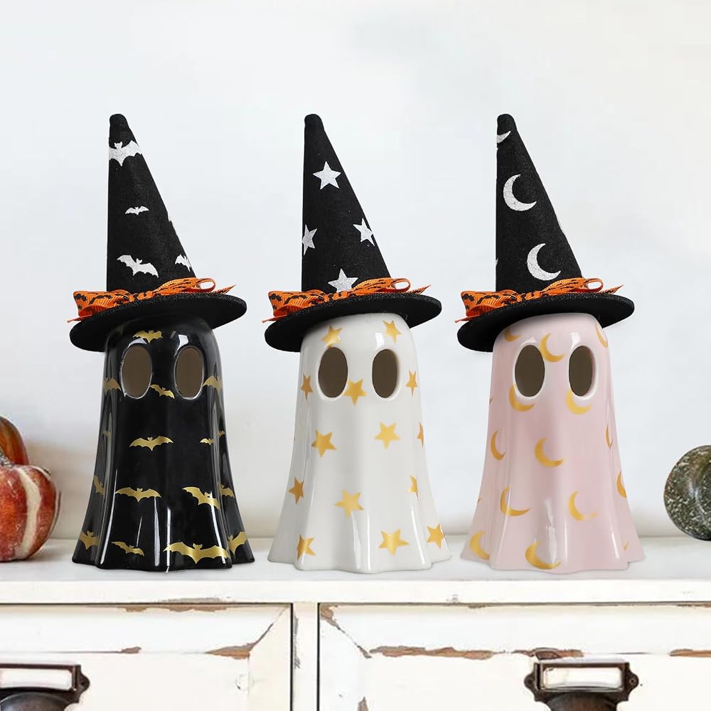 Ceramic ghosts with witch hats, set of 3