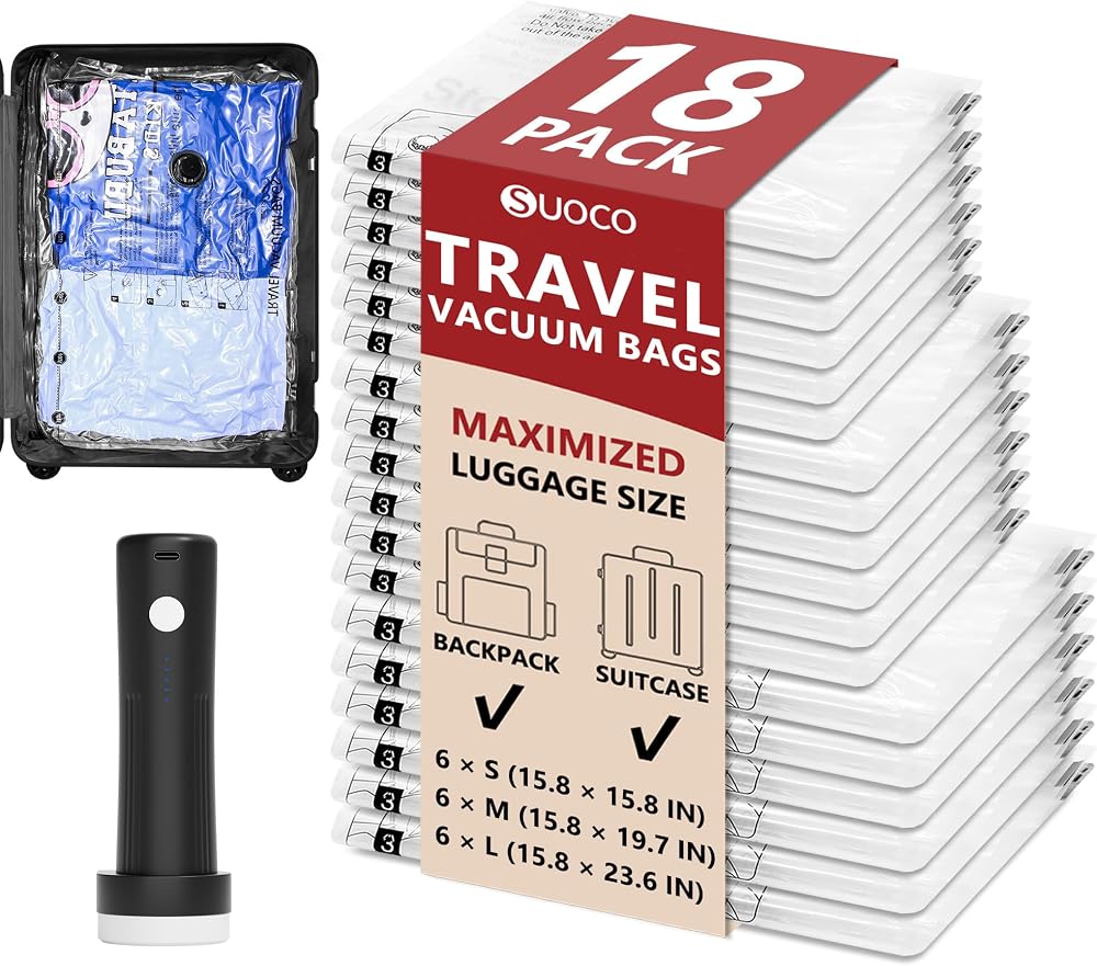 Travel vacuum bags with cordless pump