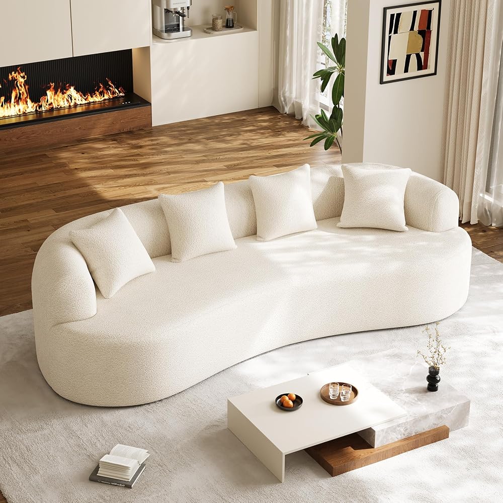 Curved chenille 4-seater sofa