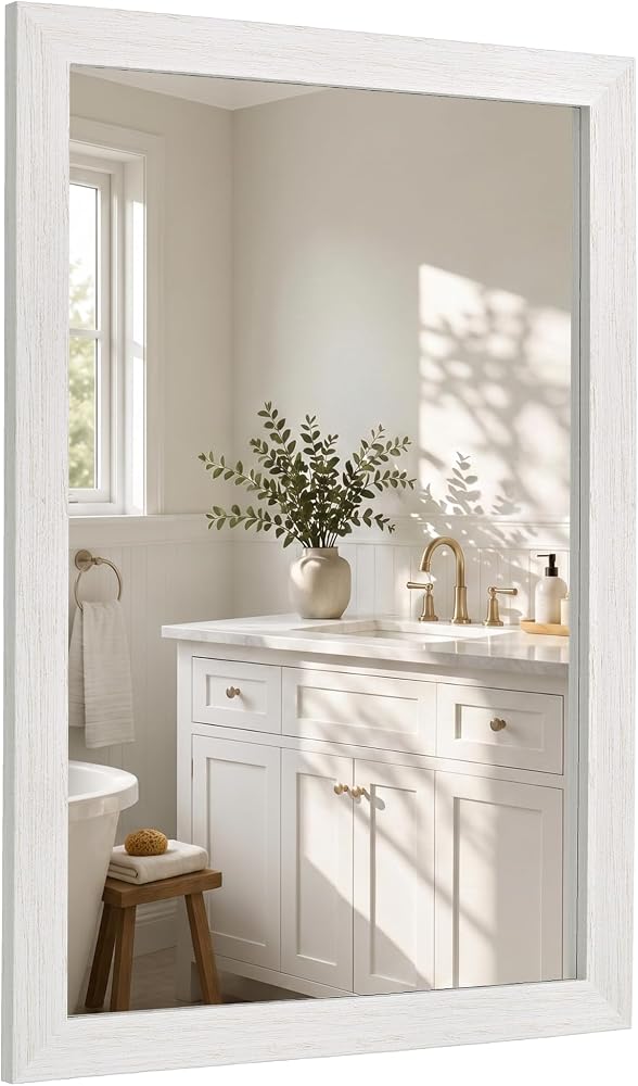 Distressed white wood mirror, 24 by 36 inches
