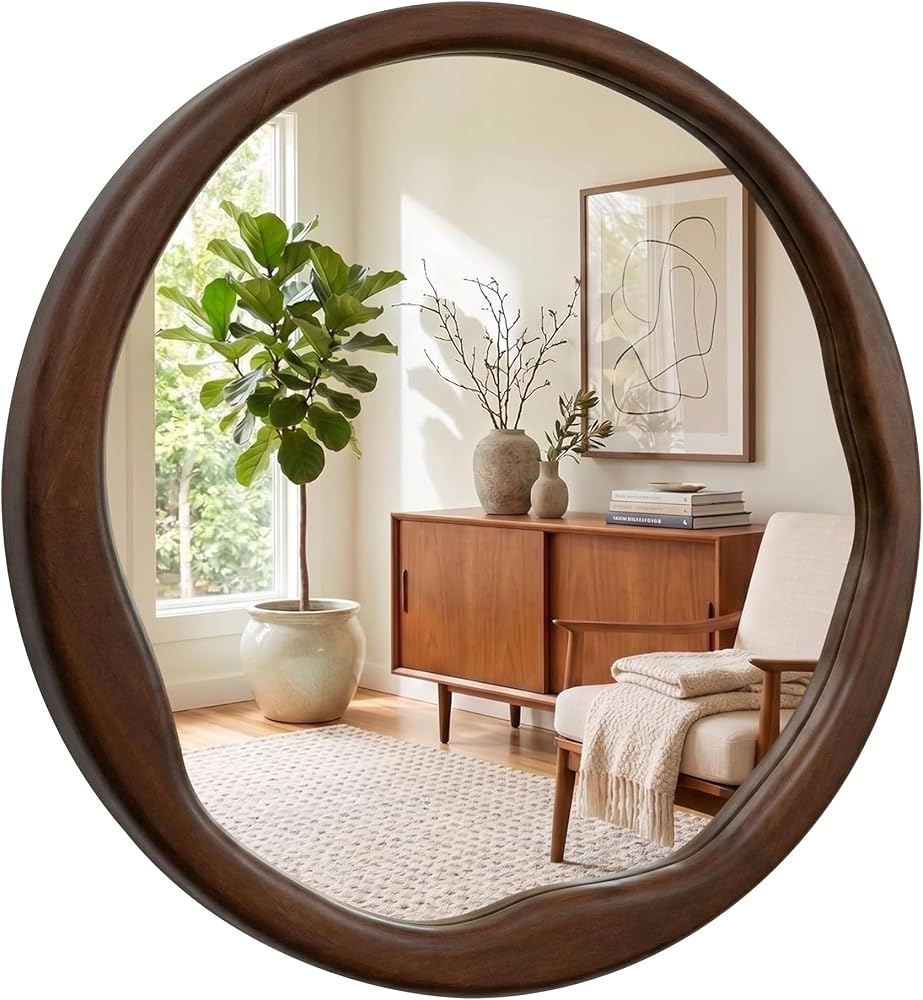 Dark walnut round mirror, 30 inches