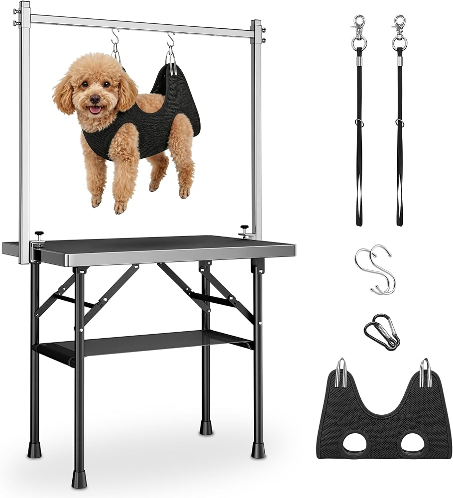 Foldable dog grooming table with arm
