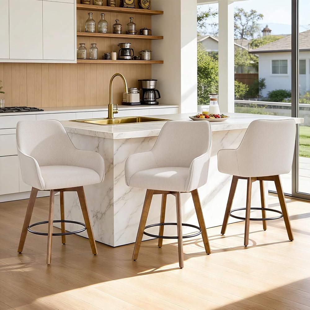 Solid oak swivel bar stools, set of 3