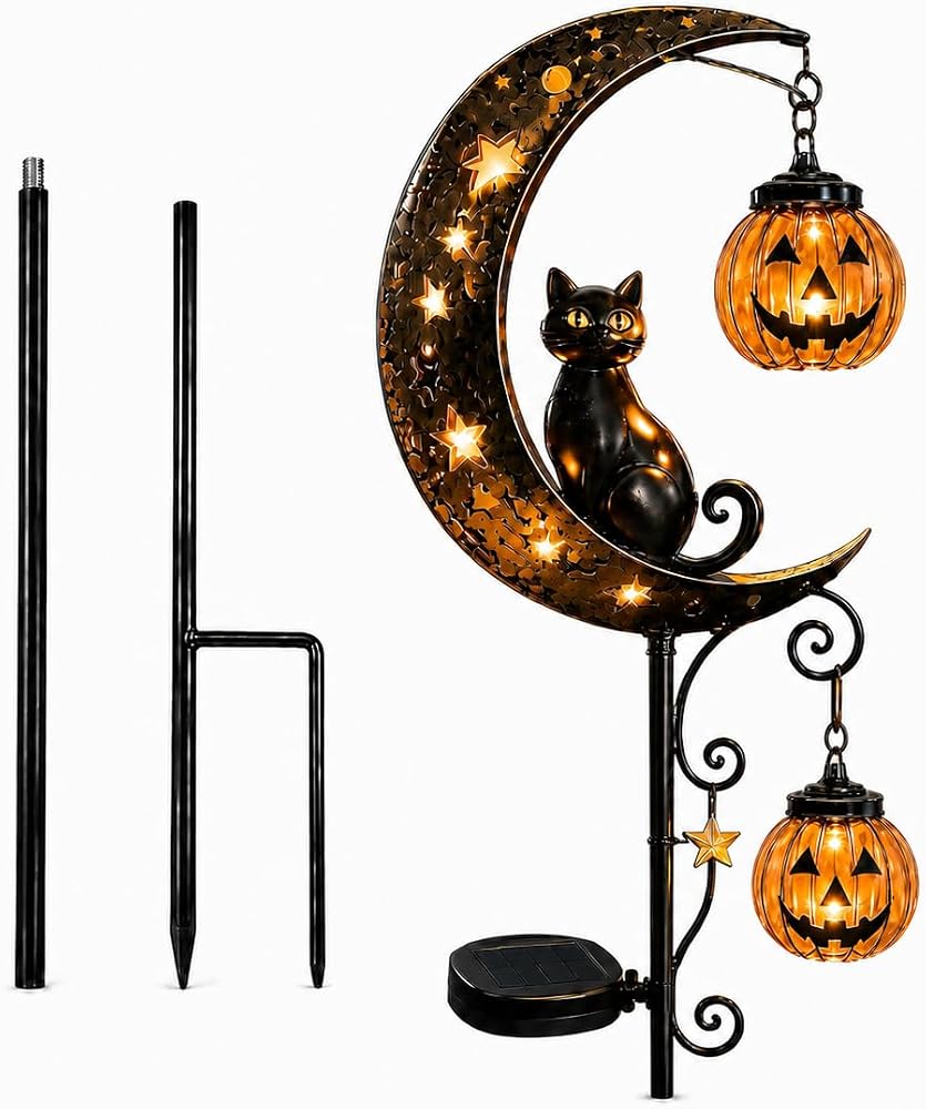 Solar cat and moon garden stake