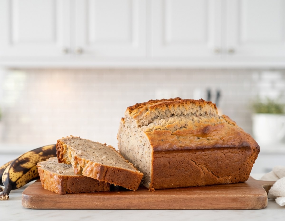 A banana bread loaf, one slice cut