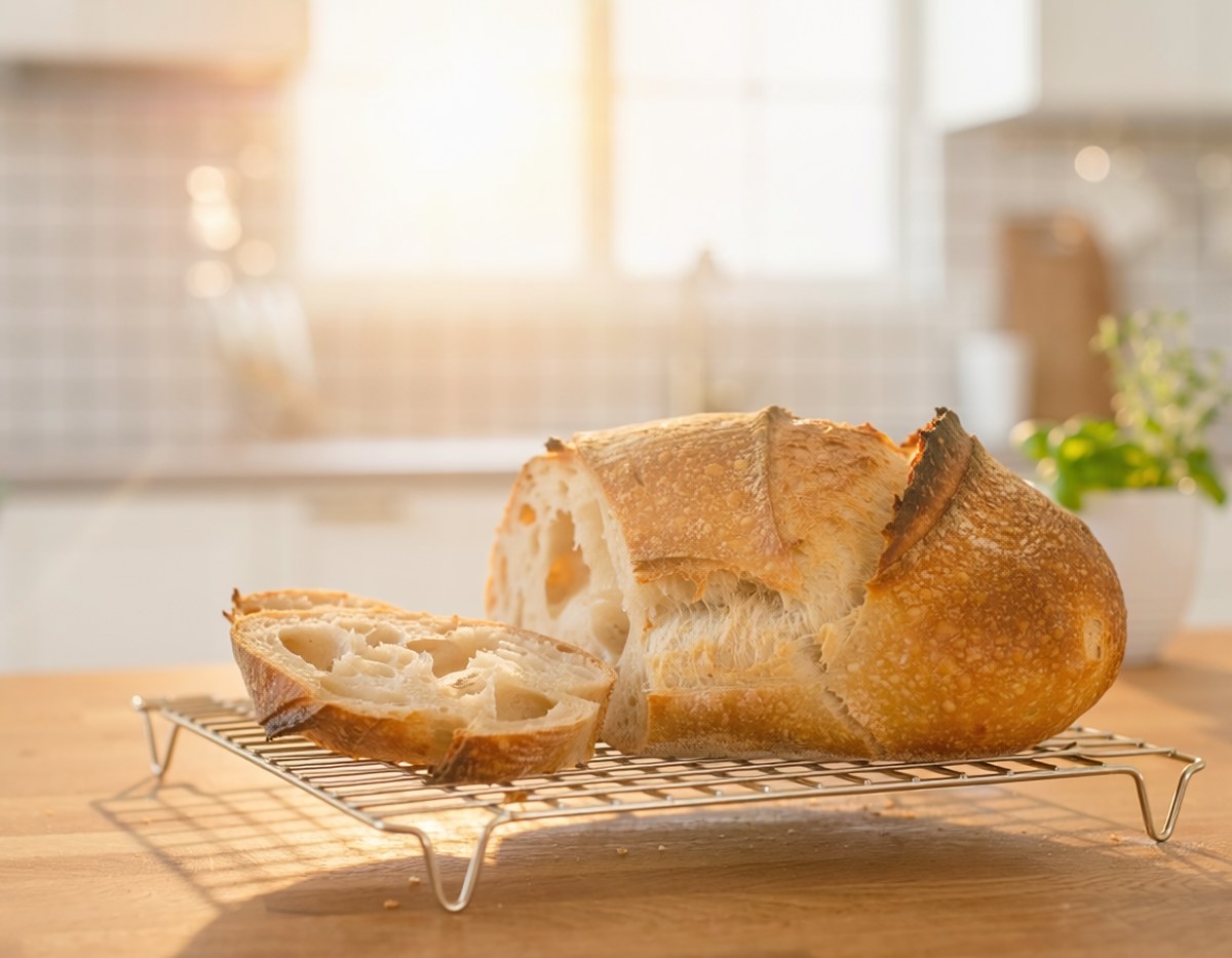 A no-knead loaf, cut open