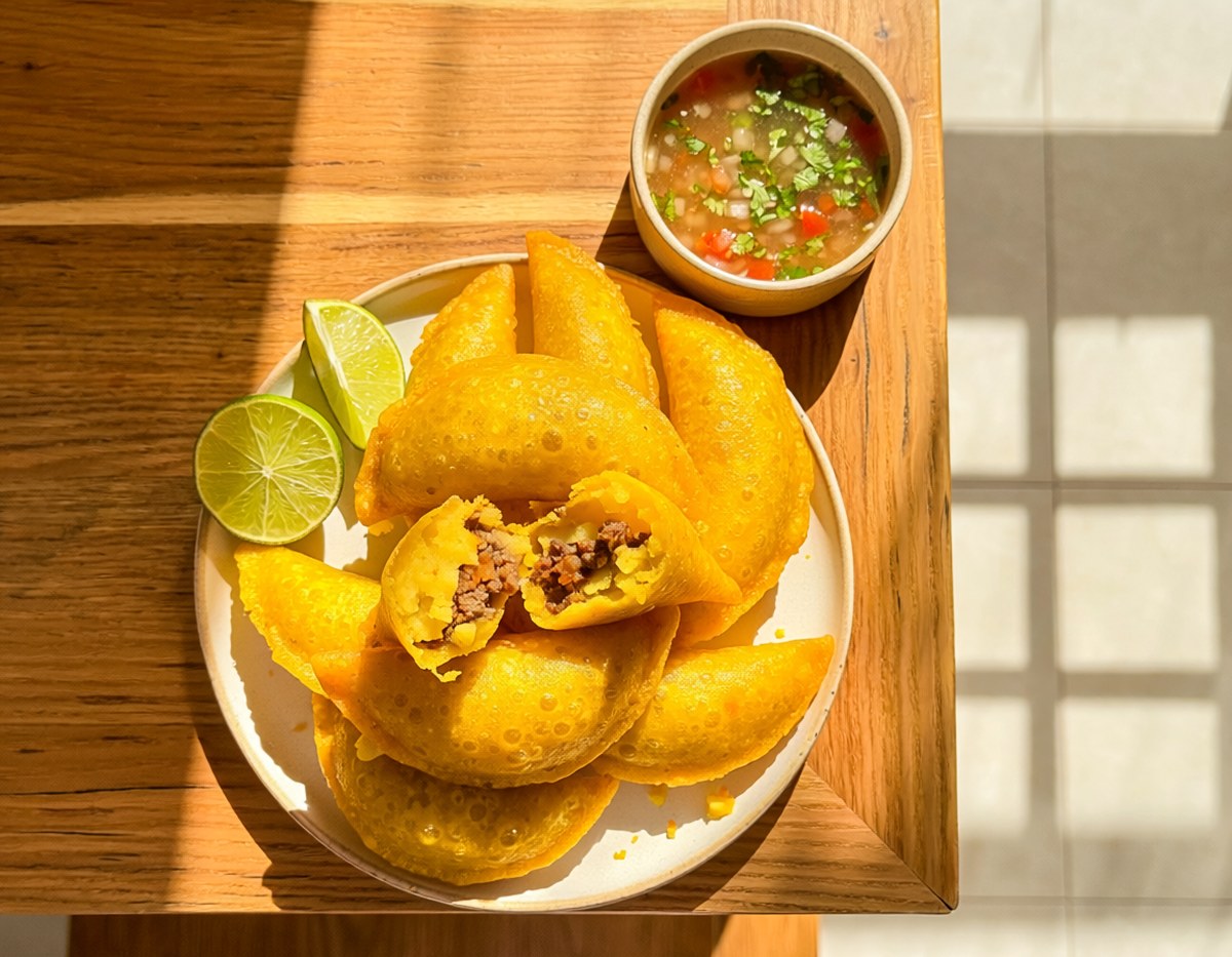 Colombian empanadas with a bowl of ají
