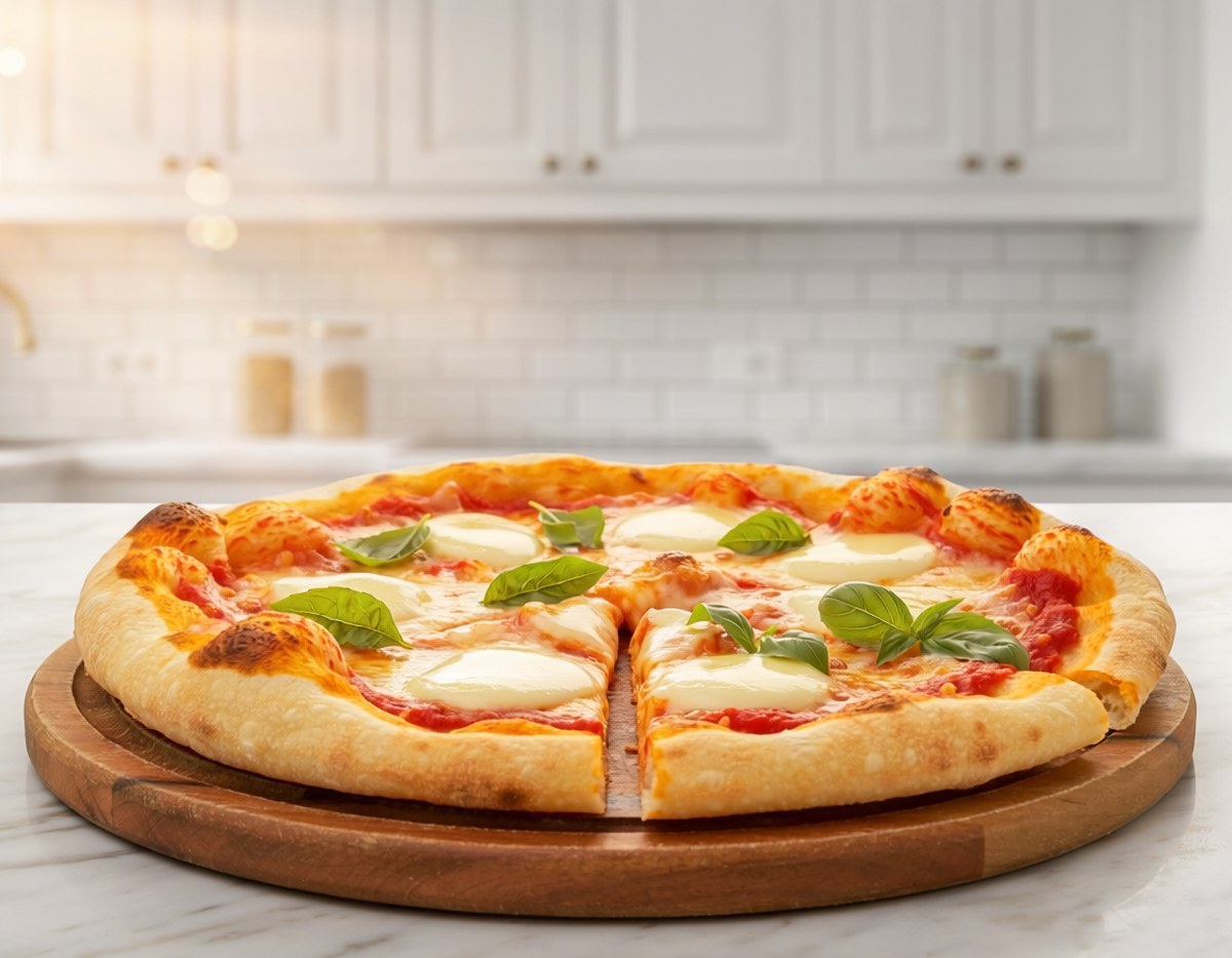 A finished pizza on a board