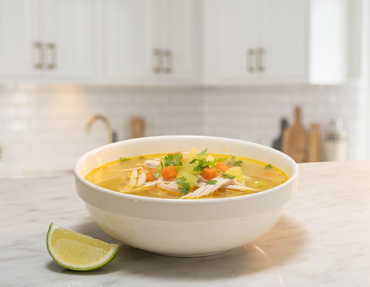 A bowl of chicken soup with lime and cilantro